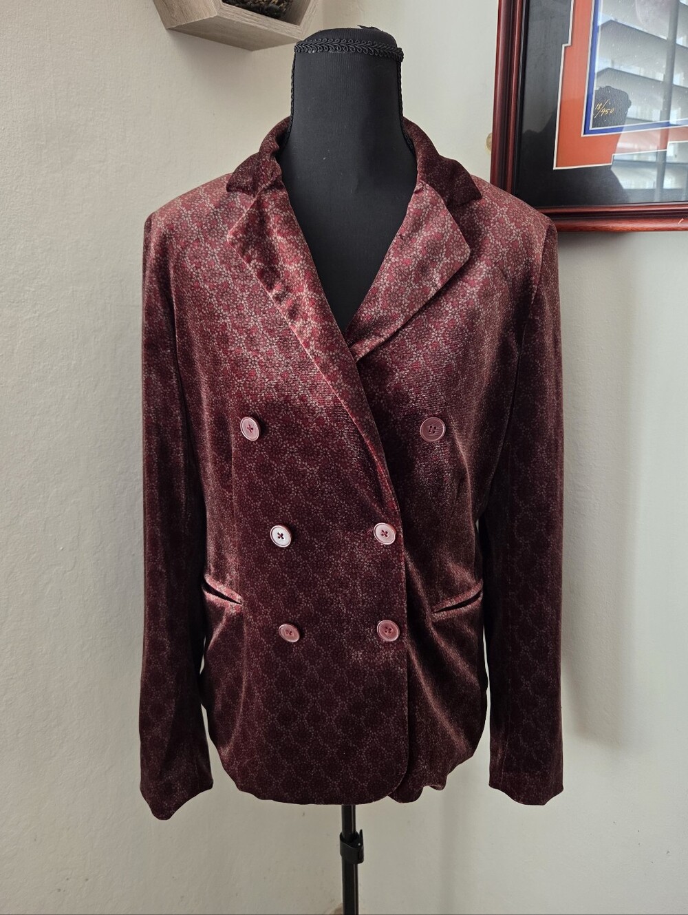 Burgundy Floral Mosaic Velvet Blazer Whimsigoth Glam Western Victorian Holiday S